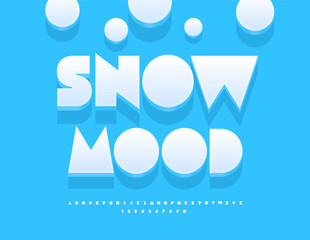 Vector Holiday flyer Snow Mood. Big Geometric White Font. Winter 3D Alphabet Letters and Numbers set.