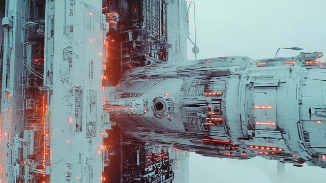 Spaceship docking with futuristic megastructure above clouds