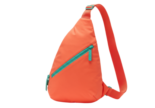 Isolated crossbody sling bag in bright coral-orange color, with turquoise-teal zipper details