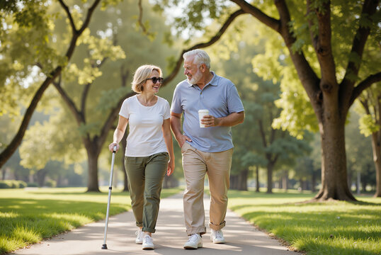 Elderly Blind Couple Walking Together in Park – Woman with White Cane and Man with Coffee Cup for Disability Awareness, International White Cane Day, and Supportive Relationship Representation