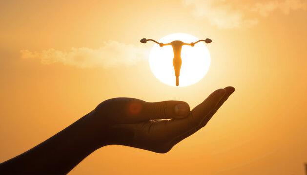 Contraceptive Device Silhouette - Female Hand Holding IUD Against Sunset for Reproductive Health Education, Family Planning Resources, and World Contraception Day Awareness