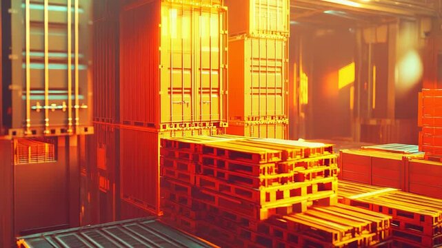 Cargo shipping containers and pallets in warehouse bathed in warm light
