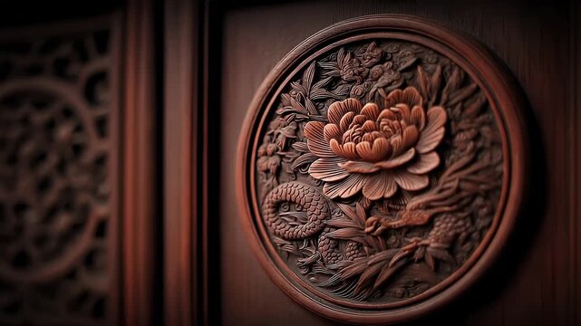 Exquisite Tang Dynasty dragon and peony wood carving displays intricate details