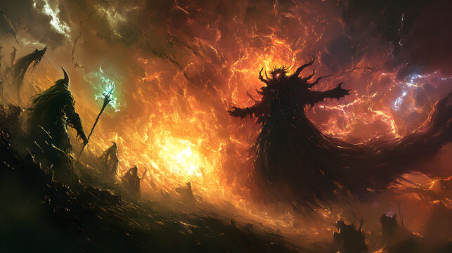 Dark sorcerers face a fiery demonic entity amidst a hellish landscape filled with smoke and fire in a dramatic fantasy battle scene