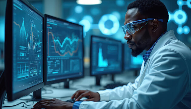 Black scientist in lab coat studies graphs on multiple computer screens. He wears safety glasses, focused on digital data analysis. Modern lab setting with blue futuristic lights.