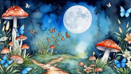 watercolor ,fantastic wonderland landscape with mushrooms, lilies flowers, morpho butterflies and moon. illustration to the fairy tale Alice in Wonderland