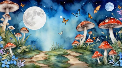 watercolor ,fantastic wonderland landscape with mushrooms, lilies flowers, morpho butterflies and moon. illustration to the fairy tale Alice in Wonderland