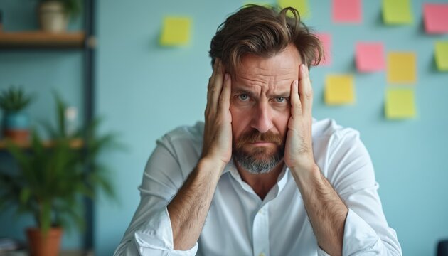 Bearded man feels intense work pressure holding head in hands. He experiences extreme stress and mental overload. Employee looks deeply worried, showing signs of burnout and fatigue.