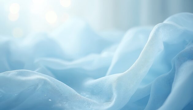 Soft light blue tulle fabric flows with delicate waves and light bokeh. Light pastel blue mesh material creates dreamy airy backdrop for ethereal textile art.