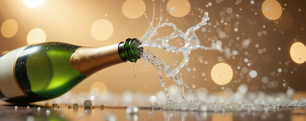 Champagne Bottle Explosion – Flying Cork With Golden Bubbles And Sparkling Wine Splash for Celebration Backgrounds, Festive Occasions, and New Year 2026 Party Designs