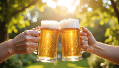 Friendship Celebration With Beer Mugs - Golden Lager Glasses Clinking In Outdoor Garden Setting For International Beer Day Festivities, Party Gatherings, And Social Media Content