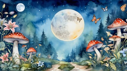 watercolor ,fantastic wonderland landscape with mushrooms, lilies flowers, morpho butterflies and moon. illustration to the fairy tale Alice in Wonderland