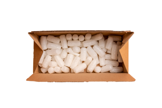 Cut out of Shipping cardboard box with foam cubes, gift package. Isolated transparent background. Top view.