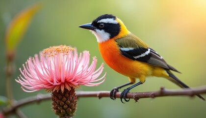 Obraz premium New Holland Honeyeater bird perches on tree branch next to pink banksia flower. Colorful orange, yellow bird with black, white head. Feathers, beak visible in close-up shot. Bird watches banksia