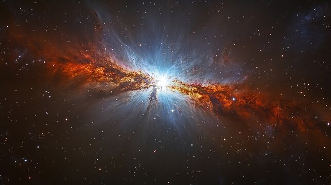 Galaxy displays an orange and blue nebula with bright celestial objects scattered across the backdrop.