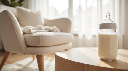 Nurturing Space Setup – Baby Bottle with Milk and Comfortable Nursing Chair for Parenting Blogs, Breastfeeding Awareness, and World Breastfeeding Week Resources