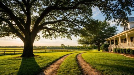 Fototapeta premium Idyllic country road leading to a charming white farmhouse bathed in golden sunlight.