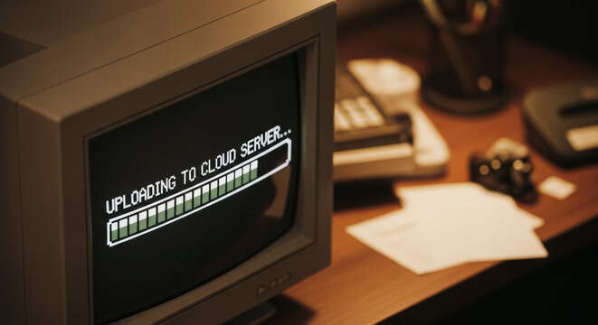Vintage Computer Uploading to Cloud Server: A close-up shot captures the old computer monitor with a progress bar, illustrating a data upload to cloud server.