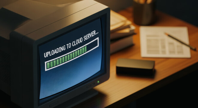 The antique computer displays the progress of a cloud server upload, symbolizing the intersection of the past and the future of technology.