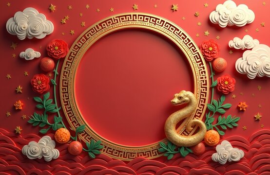 Illustration features Chinese New Year elements like the golden snake blossoms and clouds. Red design with round frame represents the lunar zodiac. It is a festive greeting for the Year of the Snake. - Powered by Adobe