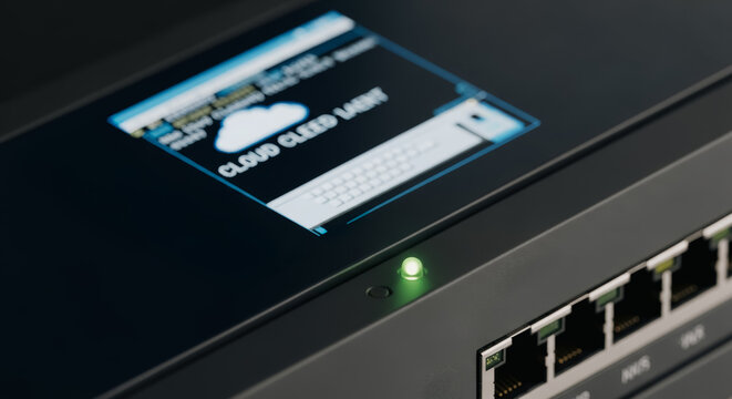 Close-up of a high-tech data center device with an illuminated screen, emphasizing connectivity and cloud computing technology.