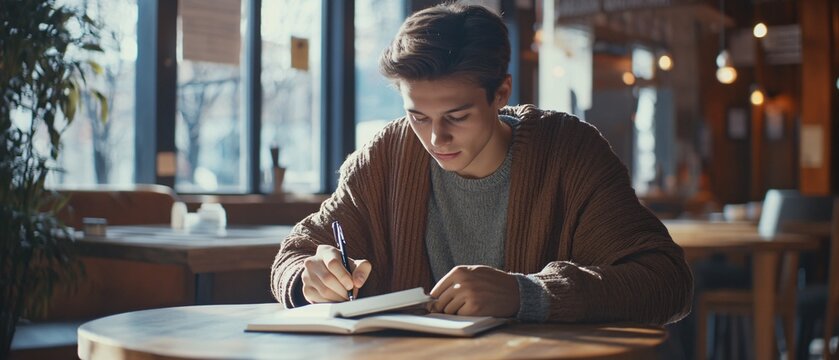 Focused student writing at wooden desk