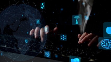 A captivating image showcasing hands typing on a keyboard with glowing technology icons floating around, symbolizing the digital transformation in business and communication. Xenic