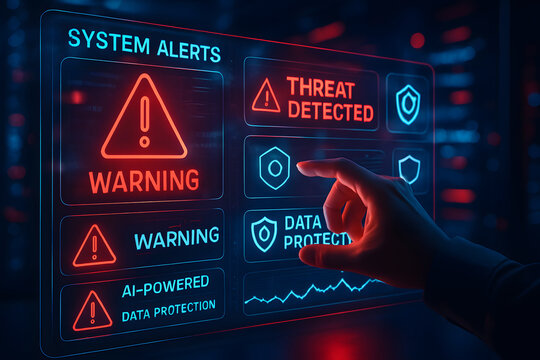 Futuristic screen displaying system alerts and warnings