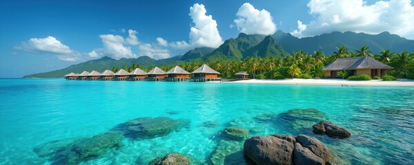Tropical overwater bungalows line pristine white sand beach beside clear turquoise ocean waters. Green mountains rise behind palm trees. Peaceful island resort offers serene relaxation. Scenic
