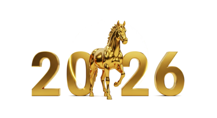 Golden 2026 numerals with a majestic horse silhouette in the center isolated on transparent background
