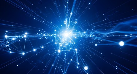 Abstract glowing blue digital network connection with light streaks and particles originating from a bright center