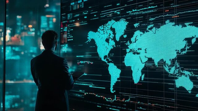 Business executive analyzing global financial data on large screen - Powered by Adobe