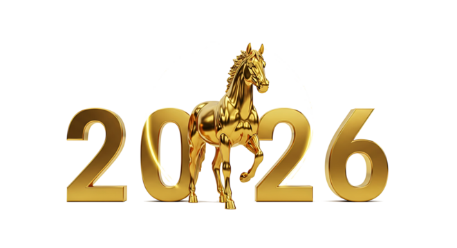 Golden 2026 numerals with a majestic horse silhouette in the center isolated on transparent background