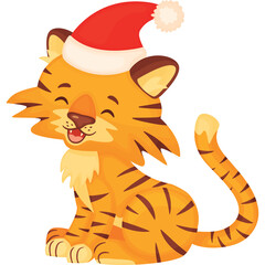 Cute Cartoon Tiger Wearing Santa Hat Sitting on Transparent Background