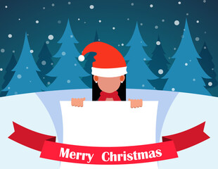 Merry christmas and happy new year greeting. Woman holding white Christmas greeting card