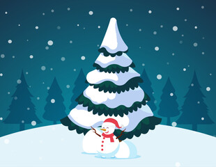 A pine tree covered in fresh snow on Christmas day. Holiday Christmas design.