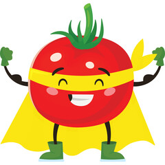 Cute Cartoon Tomato Superhero with Yellow Cape and Green Boots Flexing Muscles Smiling Happily Against Transparent Background