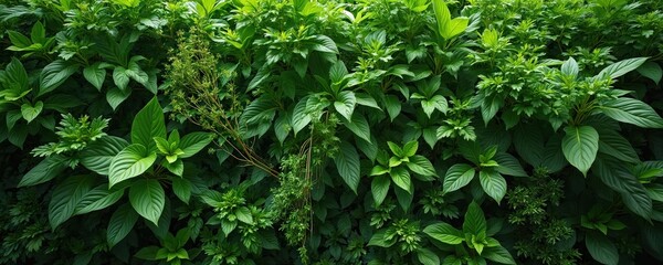 Obraz premium Dense wall of lush green plants and leaves. Diverse foliage creates natural textured background. Verdant growth offers organic garden backdrop. Fresh vibrant green plant life forms living pattern.
