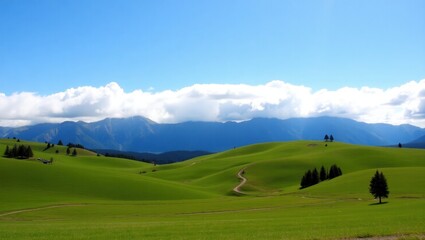 Rolling green hills under a bright blue sky with fluffy white clouds and distant mountains, a winding path leads through the landscape