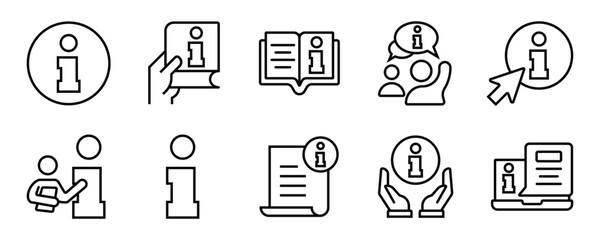 Info line icon set for help and support. Vector outline icons for instruction manual, guide, reference book, dictionary, user profile, FAQ, and customer service center.