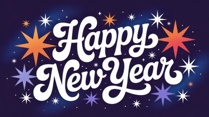 Happy new year text art with stylized white lettering surrounded by colorful starbursts and sparkles on a dark blue background