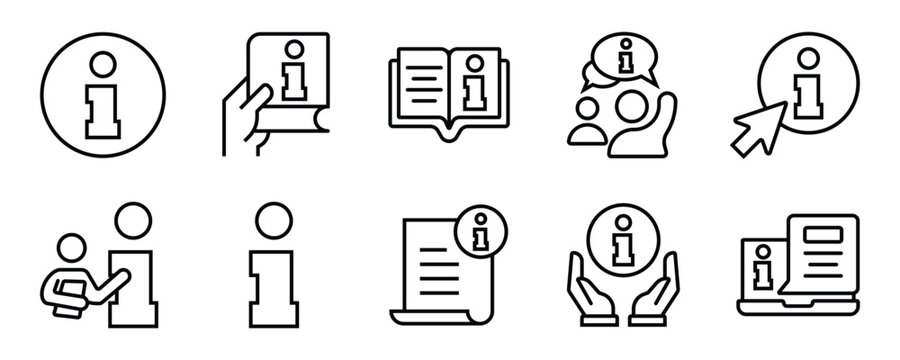 Info line icon set for help and support. Vector outline icons for instruction manual, guide, reference book, dictionary, user profile, FAQ, and customer service center.