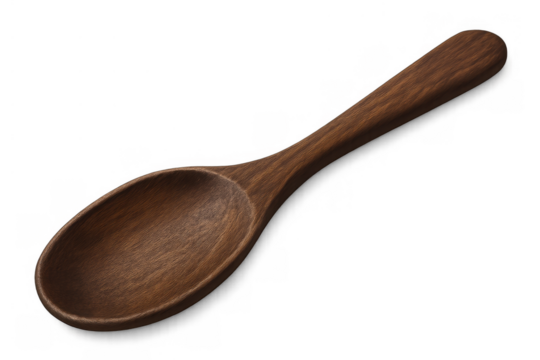 Wooden spoon showing natural grain, often used in cooking preparation, stirring food, and serving meals. Transparent background