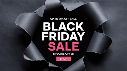 Black friday sale announcement with up to 60% off and a special offer to shop, featuring torn black ribbon on a dark background