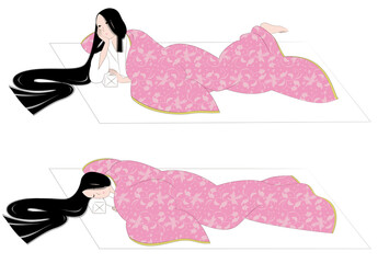 平安時代風の若い女性が寝床で物思いにふけり眠るイラスト