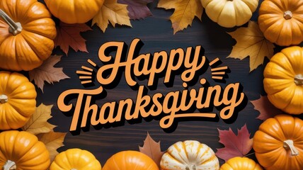 Happy thanksgiving text surrounded by pumpkins and autumn leaves on a dark wooden background, a festive seasonal greeting