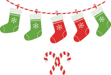 Festive Christmas stockings hanging on a string with candy canes below.