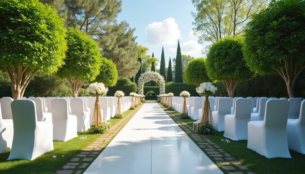 Outdoor garden wedding ceremony setup. Rows of white chairs flank a white aisle leading to a floral arch. Decorated path for marriage event surrounded by rich green trees.