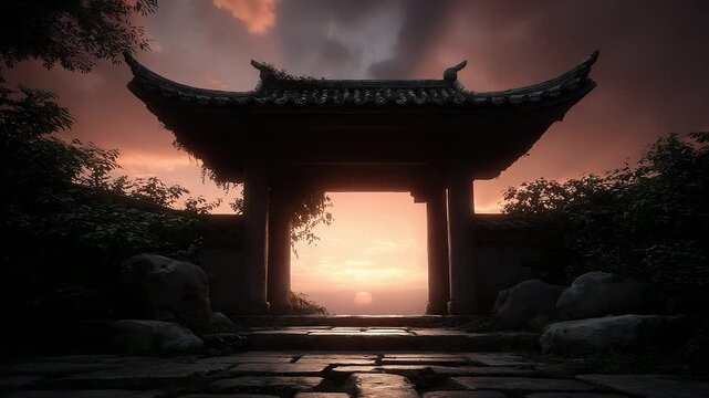 The profound artistic conception of the Tang style ancient sunset gate tower