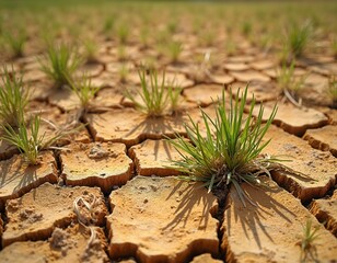 Close up photo shows cracked dry earth. Green grass survives despite drought and heat. Climate change affects the land and nature. Hot summer weather causes dryness.